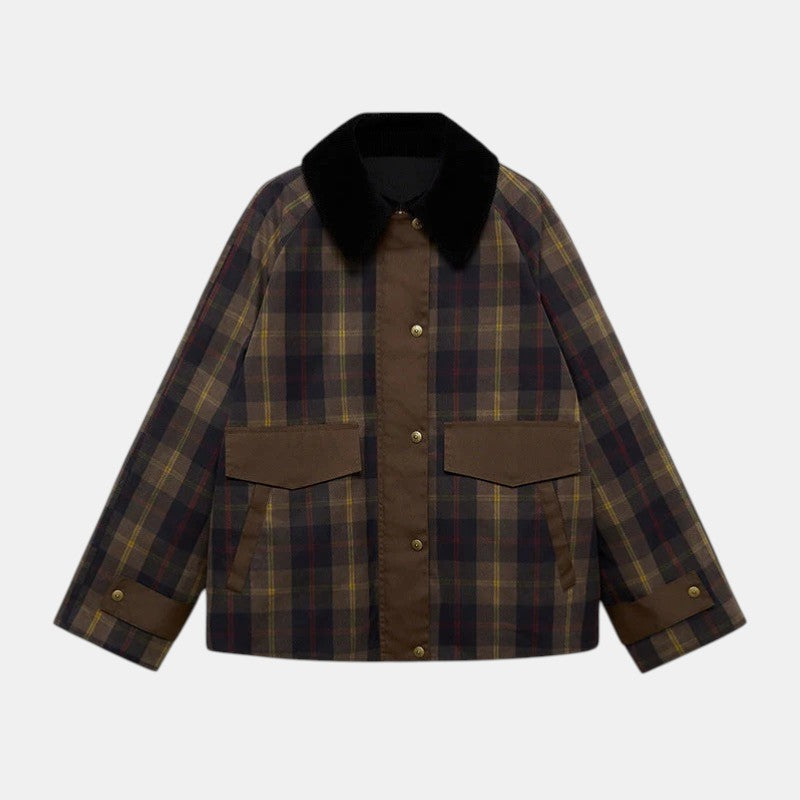 Women’s Plaid Button Front Jacket with Contrast Collar-Villaayr