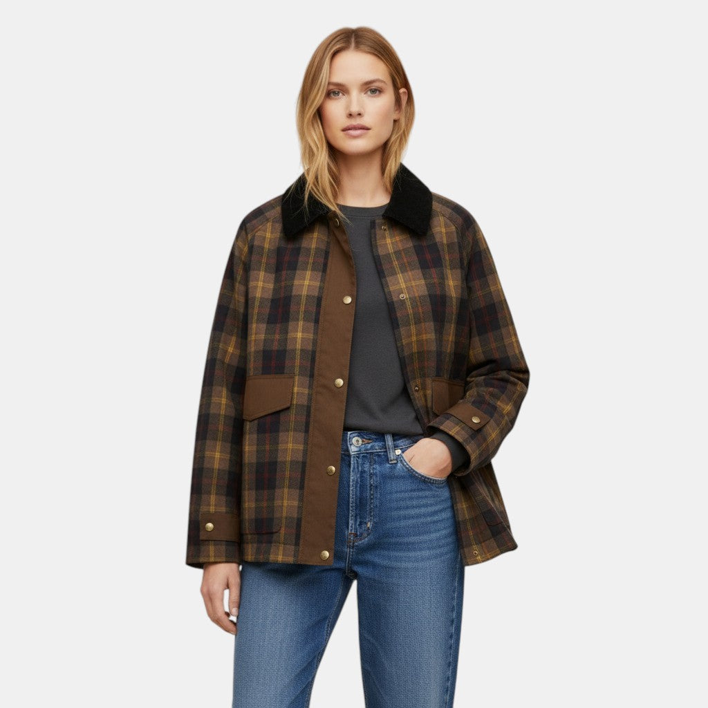 Women’s Plaid Button Front Jacket with Contrast Collar-Villaayr