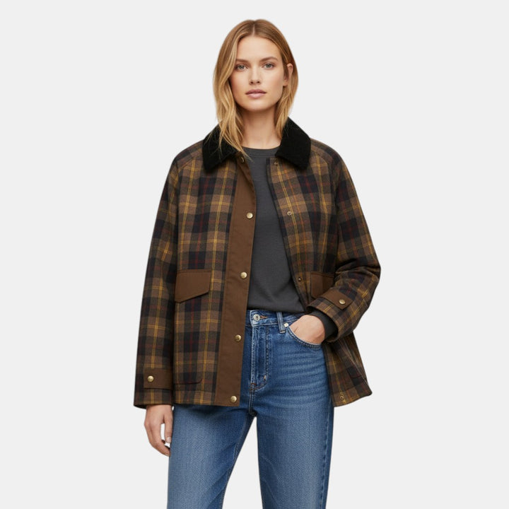 Women’s Plaid Button Front Jacket with Contrast Collar-Villaayr