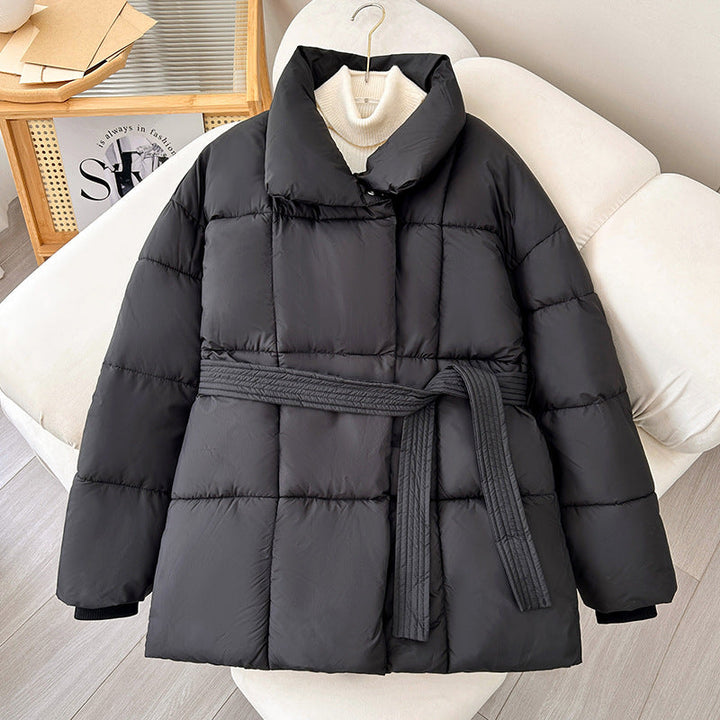Women’s Quilted Puffer Jacket with Belted Waist-Villaayr