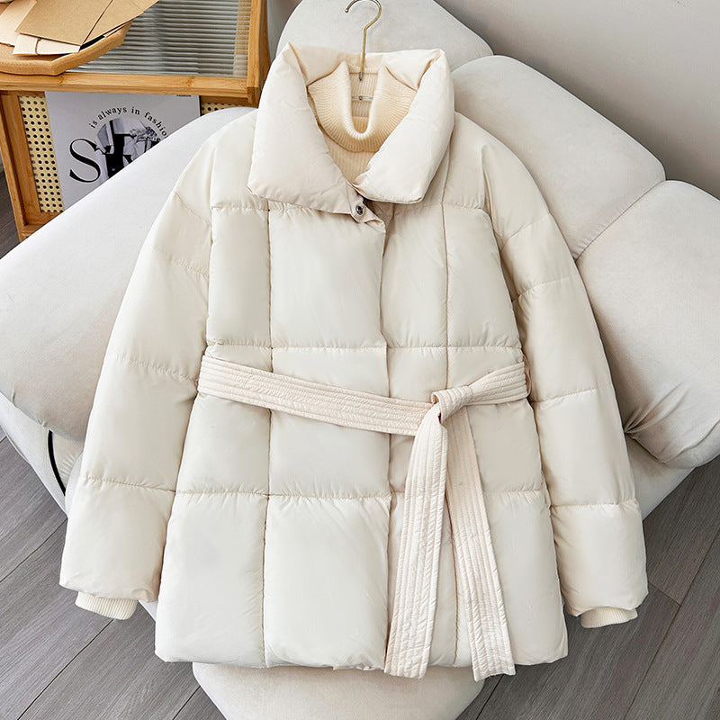 Women’s Quilted Puffer Jacket with Belted Waist-Villaayr
