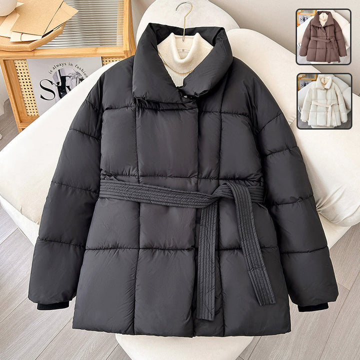 Women’s Quilted Puffer Jacket with Belted Waist-Villaayr