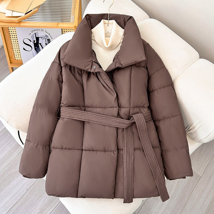 Women’s Quilted Puffer Jacket with Belted Waist-Villaayr