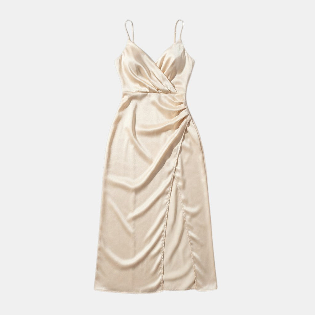 Women’s Satin Slip Dress with V-Neck Wrap Front-Villaayr