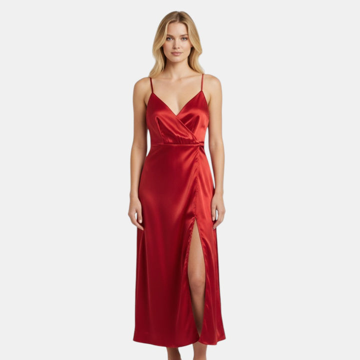Women’s Satin Slip Dress with V-Neck Wrap Front-Villaayr