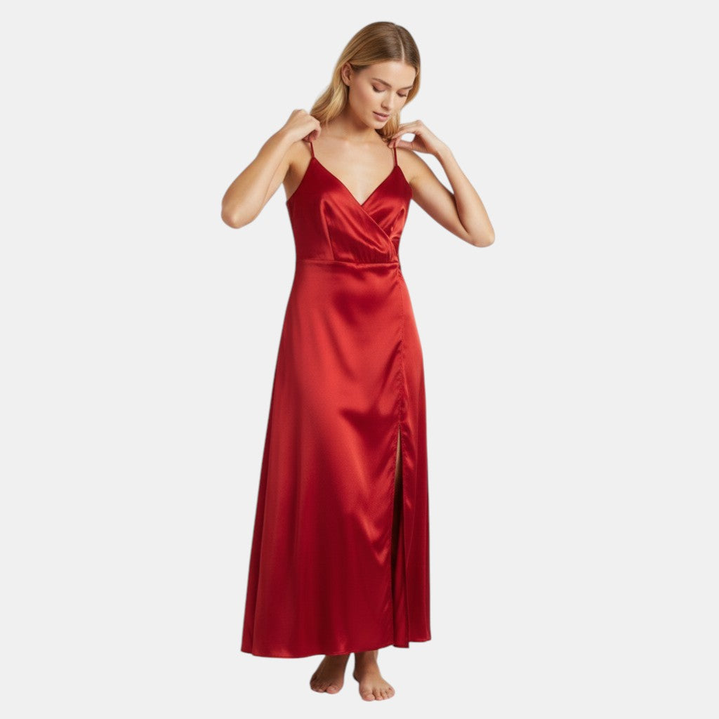 Women’s Satin Slip Dress with V-Neck Wrap Front-Villaayr