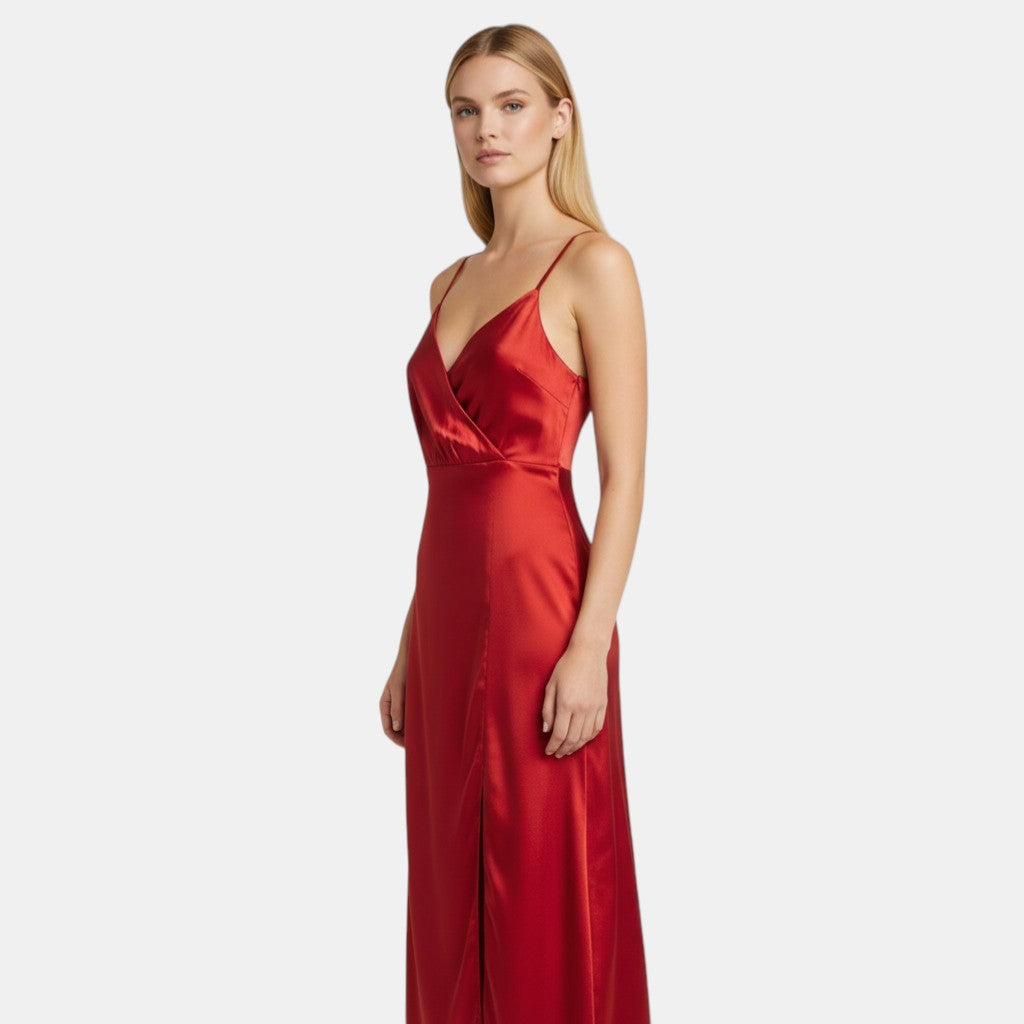 Women’s Satin Slip Dress with V-Neck Wrap Front-Villaayr