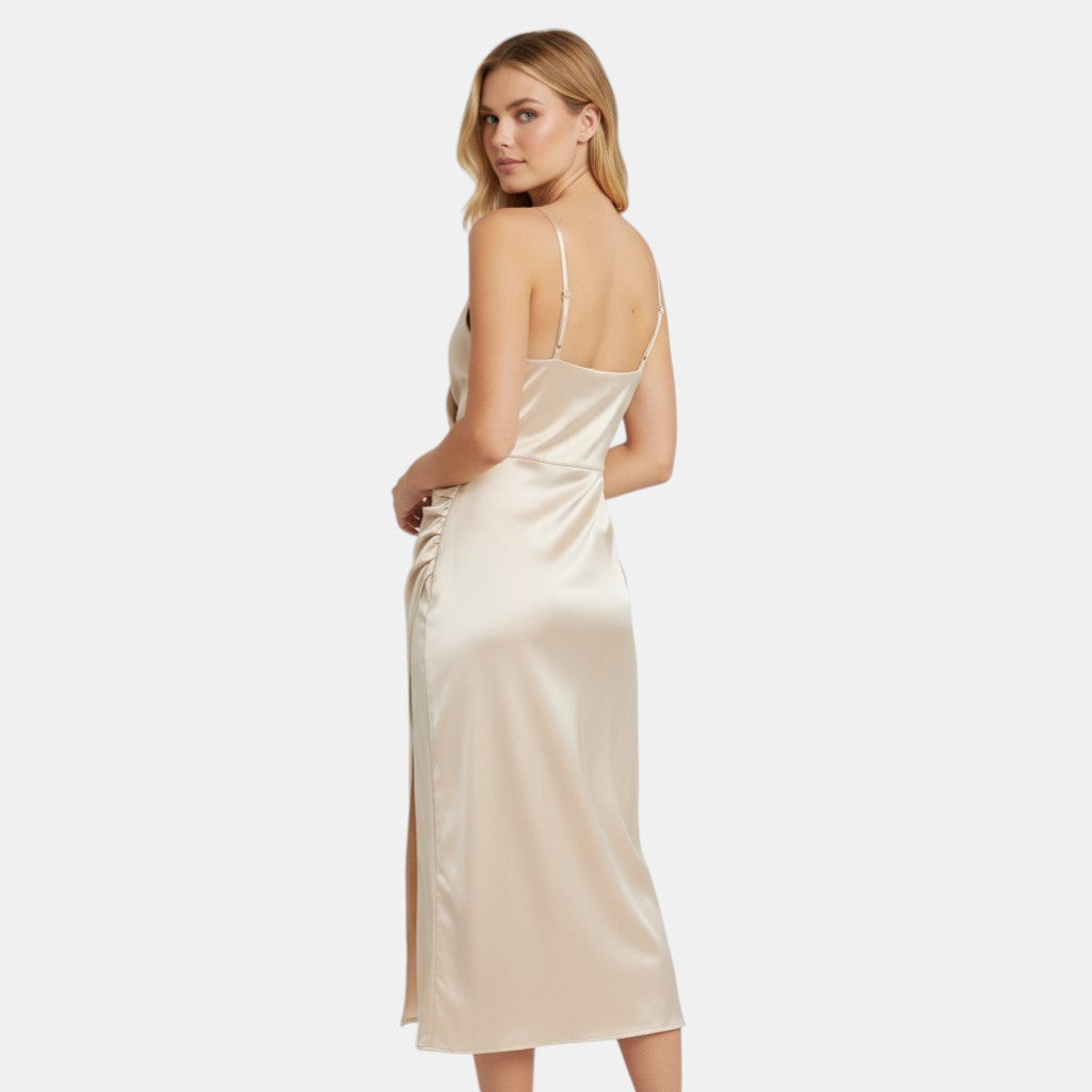 Women’s Satin Slip Dress with V-Neck Wrap Front-Villaayr