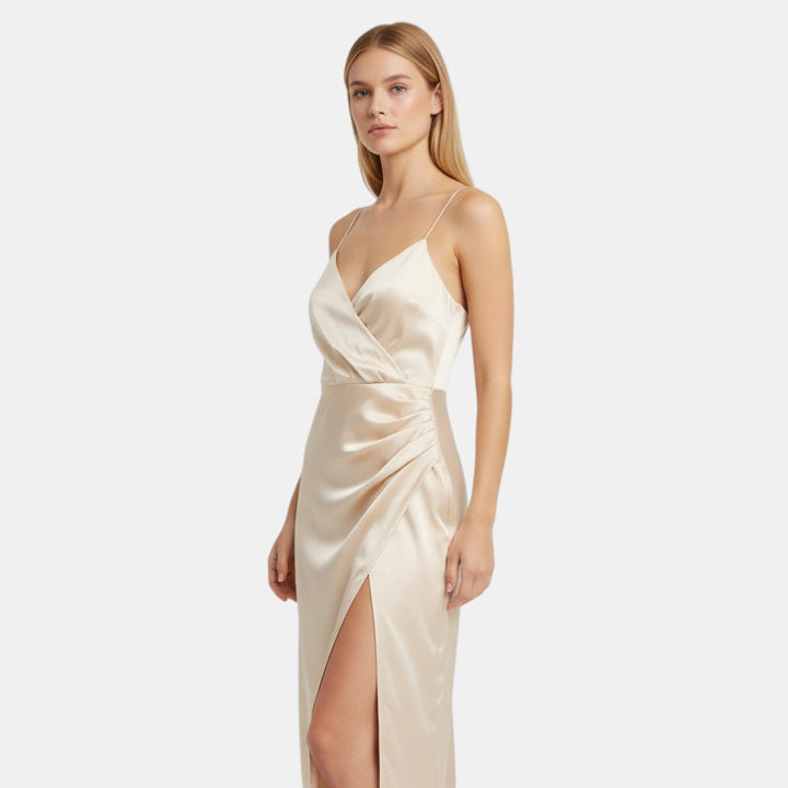 Women’s Satin Slip Dress with V-Neck Wrap Front-Villaayr