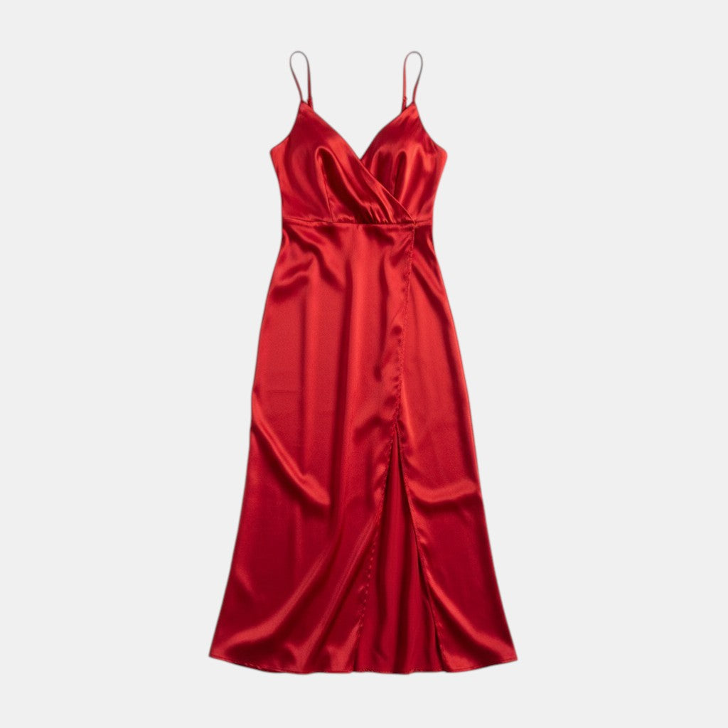 Women’s Satin Slip Dress with V-Neck Wrap Front-Villaayr