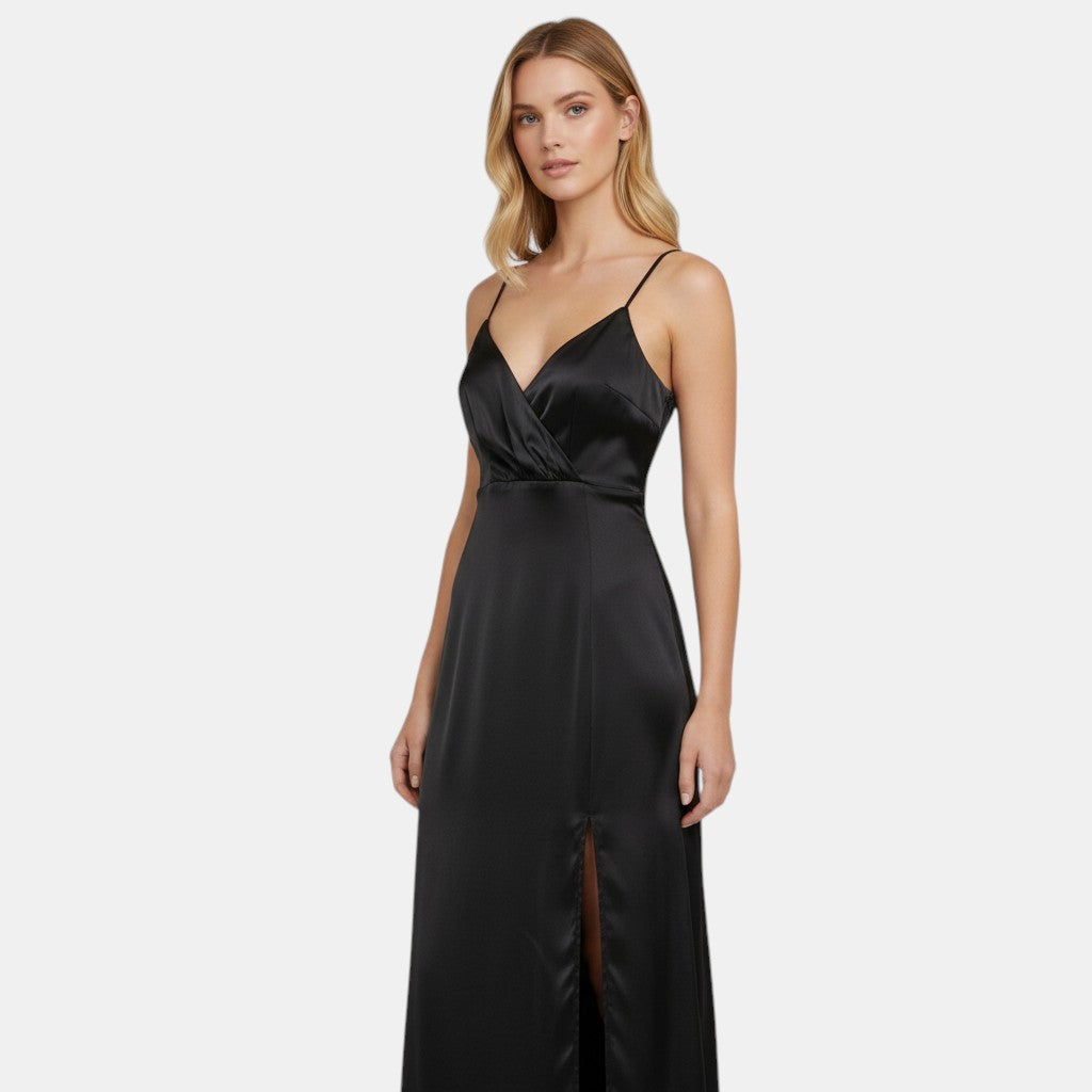 Women’s Satin Slip Dress with V-Neck Wrap Front-Villaayr
