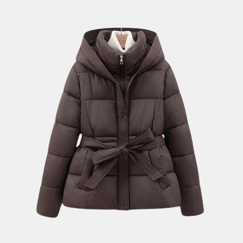 Women's Short Puffer Jacket with Belt-villaayr.com