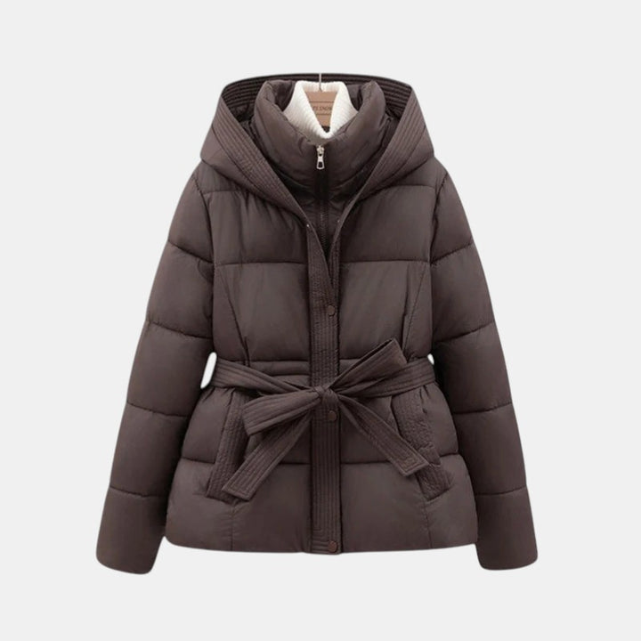 Women's Short Puffer Jacket with Belt-villaayr.com