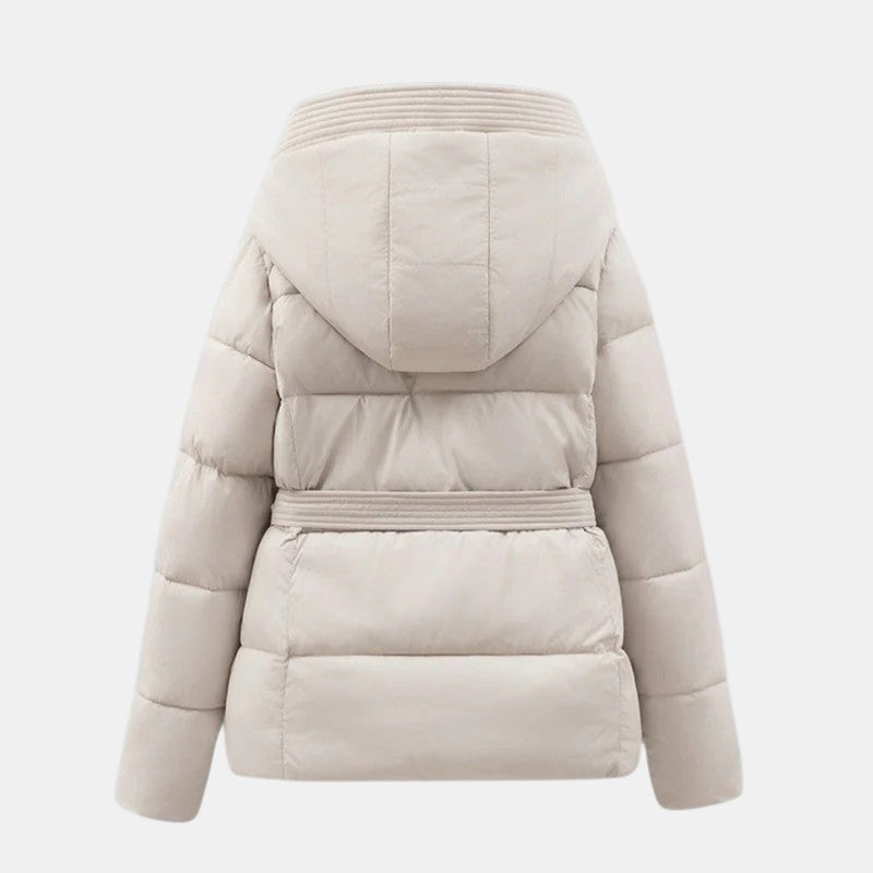 Women's Short Puffer Jacket with Belt-villaayr.com