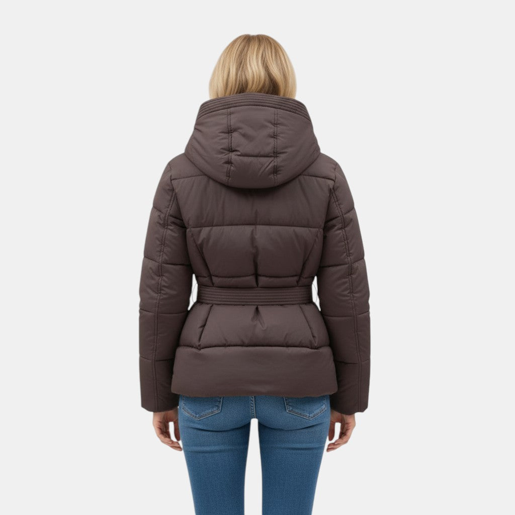 Women's Short Puffer Jacket with Belt-villaayr.com