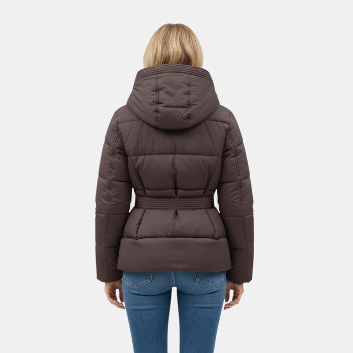 Women's Short Puffer Jacket with Belt-villaayr.com