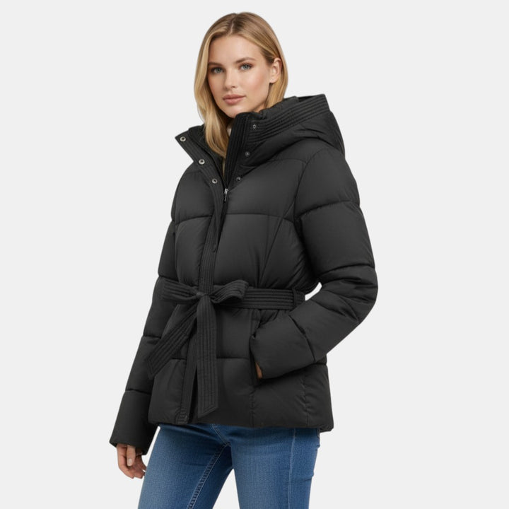 Women's Short Puffer Jacket with Belt-villaayr.com