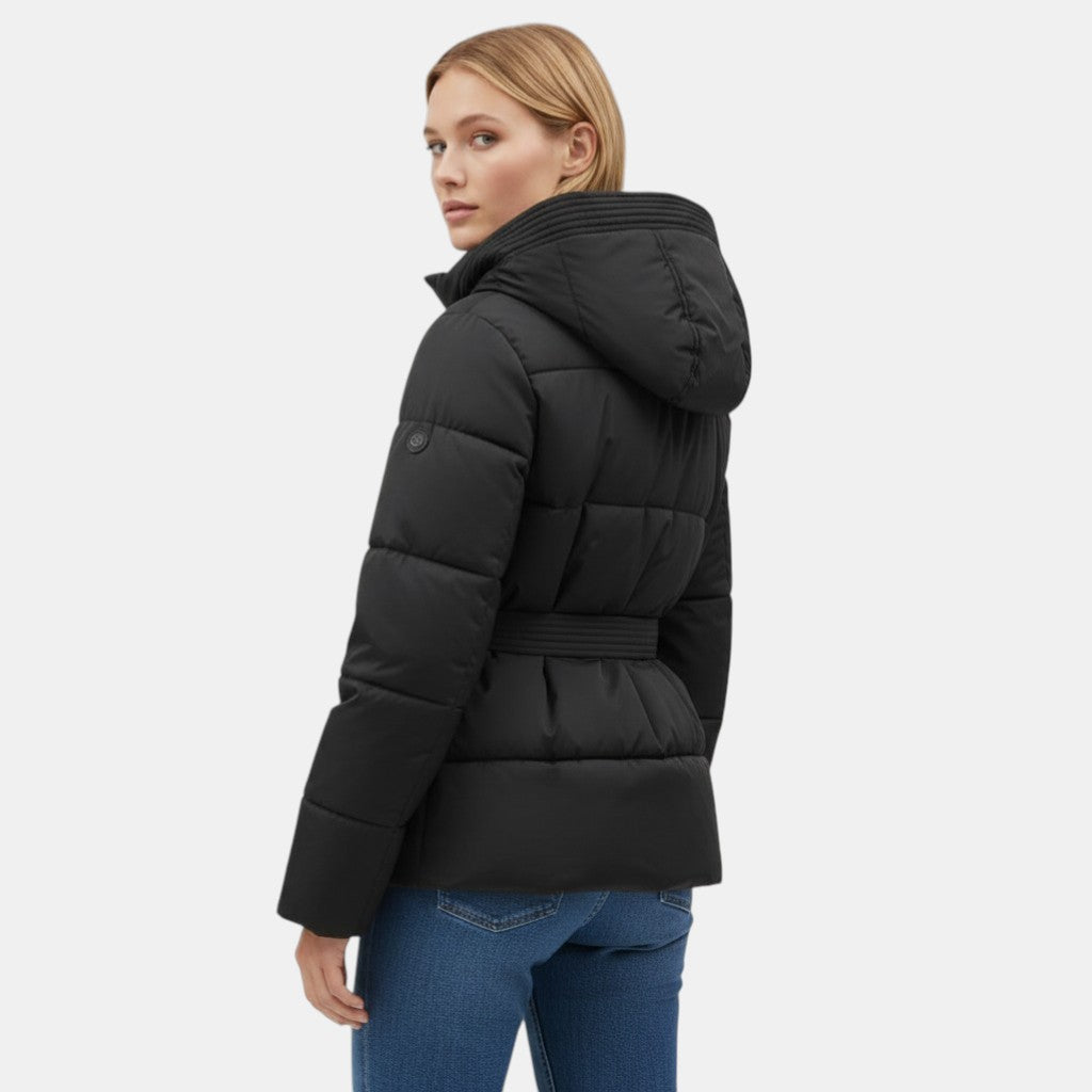 Women's Short Puffer Jacket with Belt-villaayr.com