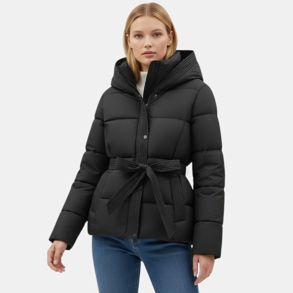 Women's Short Puffer Jacket with Belt-villaayr.com
