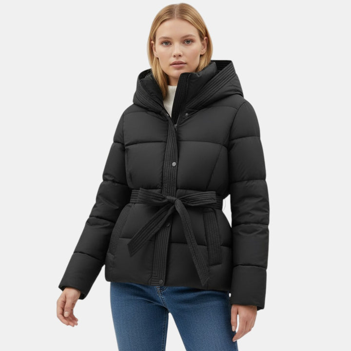 Women's Short Puffer Jacket with Belt-villaayr.com