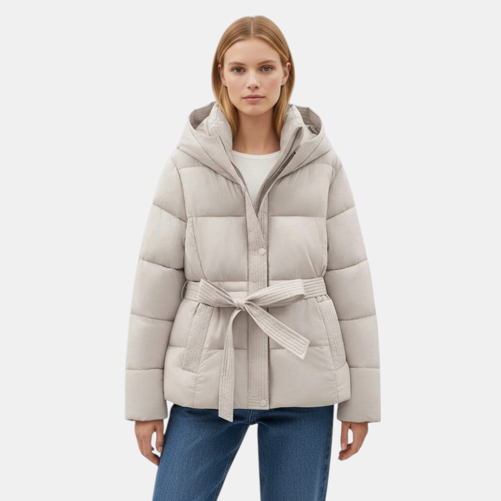 Women's Short Puffer Jacket with Belt-villaayr.com