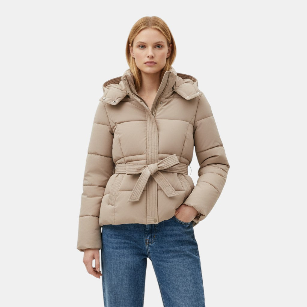 Women's Short Puffer Jacket with Belt-villaayr.com
