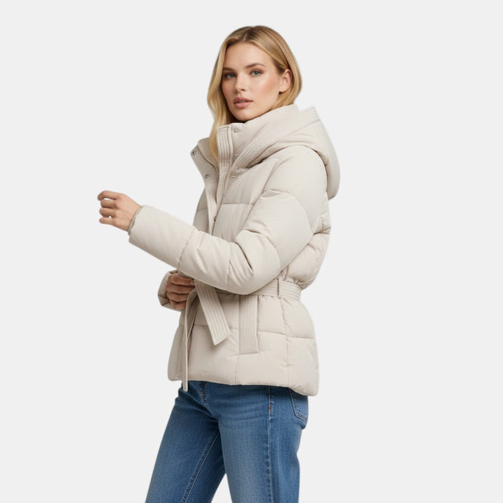 Women's Short Puffer Jacket with Belt-villaayr.com