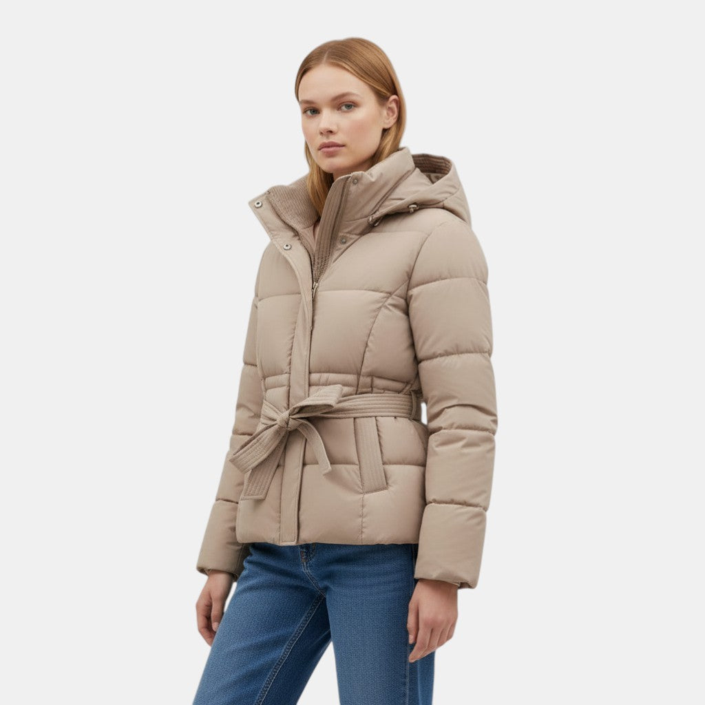Women's Short Puffer Jacket with Belt-villaayr.com
