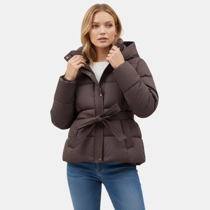 Women's Short Puffer Jacket with Belt-villaayr.com