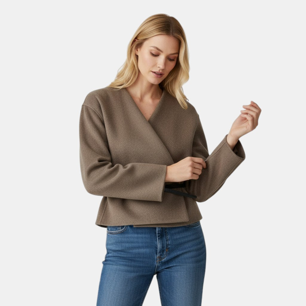 Women’s Wrap Coat with Belt and V-Neck Design-Villaayr