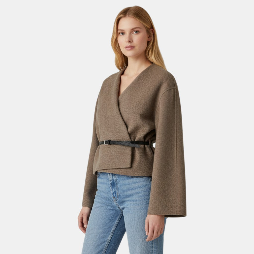 Women’s Wrap Coat with Belt and V-Neck Design-Villaayr